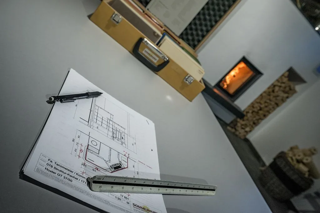 Ausgedruckter Grundriss mit Maßstab und Stift auf dem Tisch, im Hintergrund ein Kachelofen mit Feuer